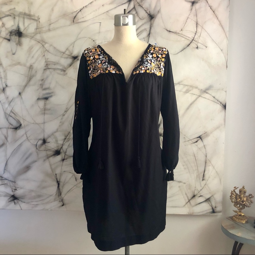 Black, split-sleeve embroidered tunic dress from Madewell.